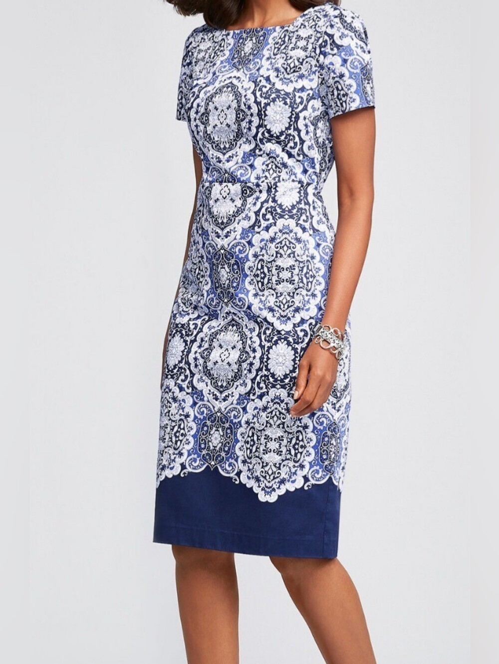 TALBOTS Women's Navy Damask Medallion Print Knee Length Sheath Dress Size 10